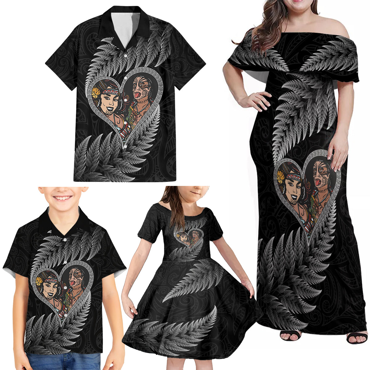 New Zealand Valentine Day Family Matching Off Shoulder Maxi Dress and Hawaiian Shirt Aotearoa Warrior and Woman Love Heart Maori Pattern LT03 - Polynesian Pride