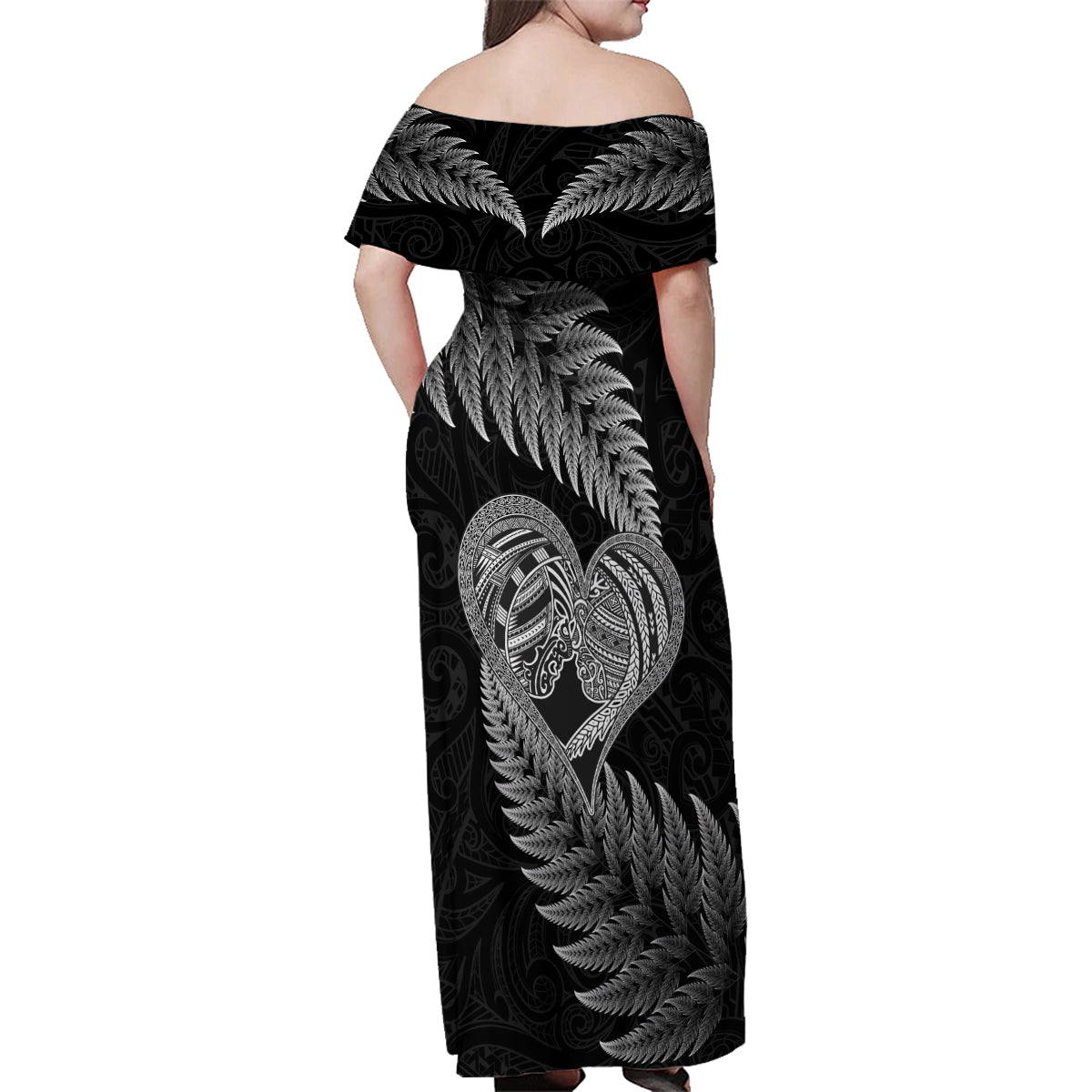 New Zealand Valentine Day Family Matching Off Shoulder Maxi Dress and Hawaiian Shirt Aotearoa Warrior and Woman Love Heart Maori Pattern LT03 - Polynesian Pride