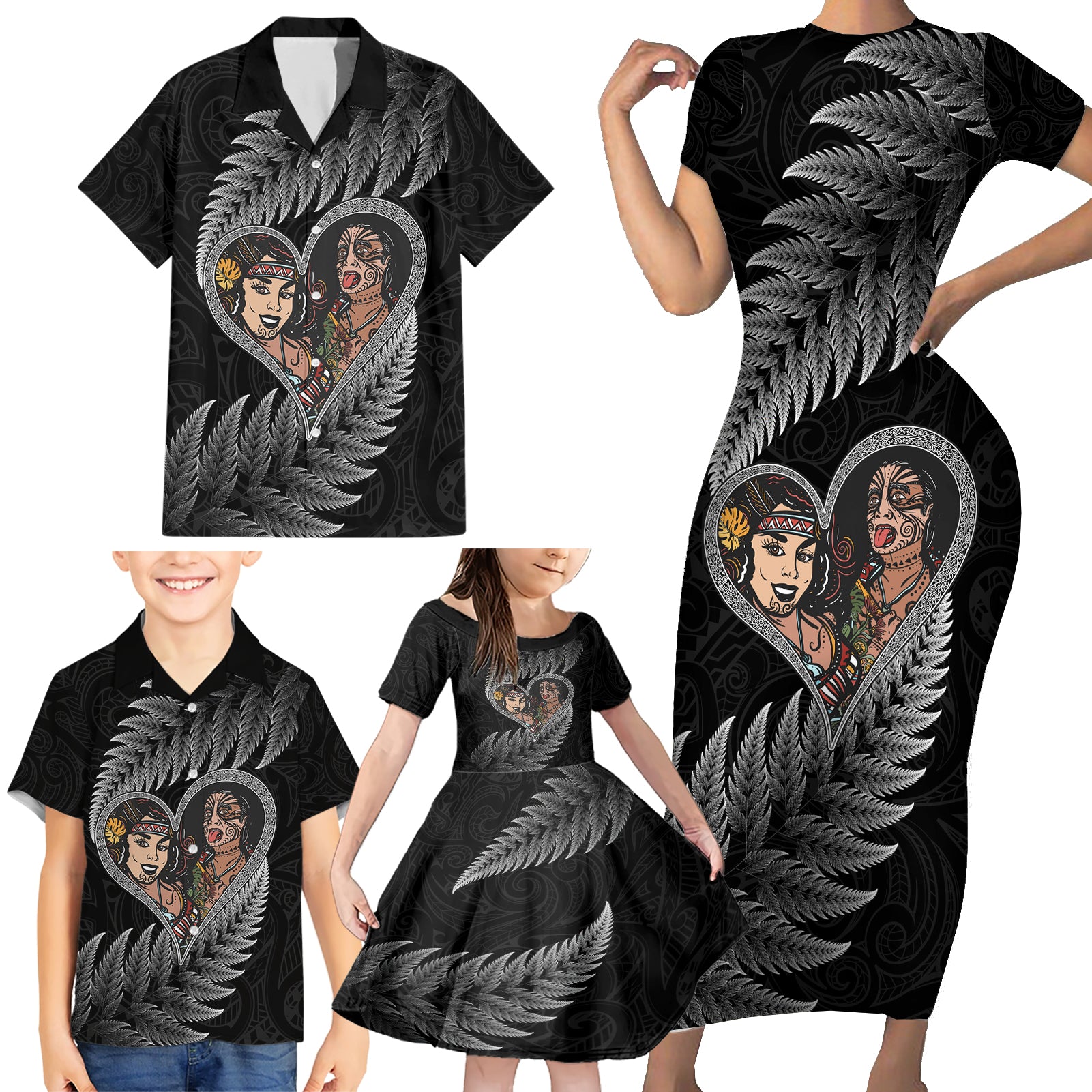 New Zealand Valentine Day Family Matching Short Sleeve Bodycon Dress and Hawaiian Shirt Aotearoa Warrior and Woman Love Heart Maori Pattern LT03 - Polynesian Pride