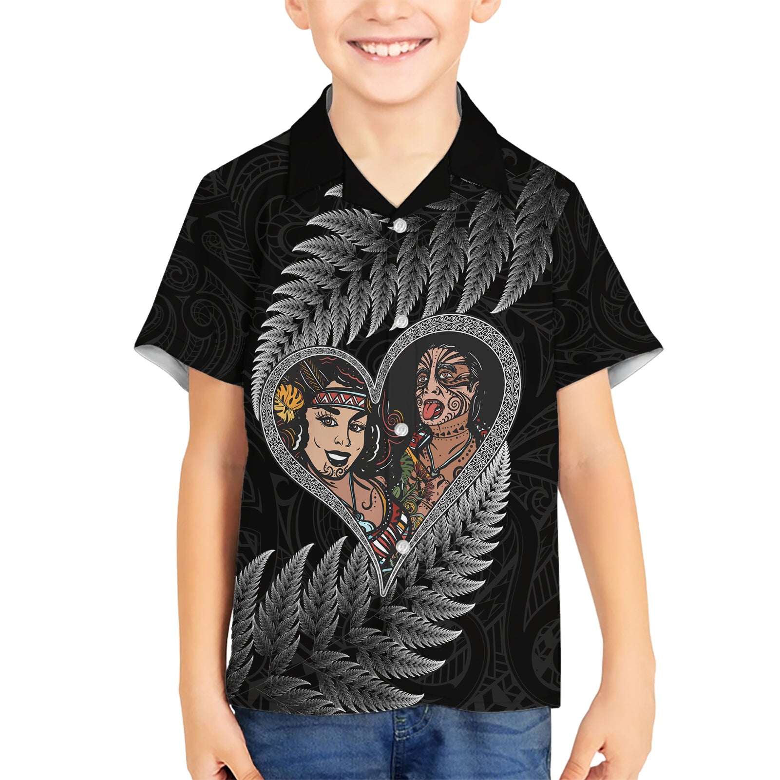 New Zealand Valentine Day Kid Hawaiian Shirt Aotearoa Warrior and Woman Love Heart Maori Pattern LT03 Kid Black - Polynesian Pride