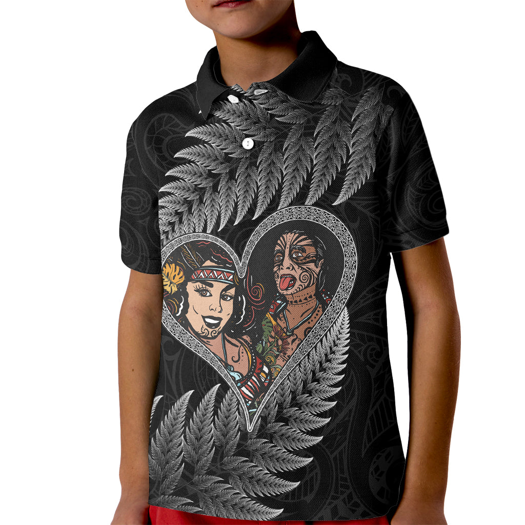 New Zealand Valentine Day Kid Polo Shirt Aotearoa Warrior and Woman Love Heart Maori Pattern LT03 Kid Black - Polynesian Pride