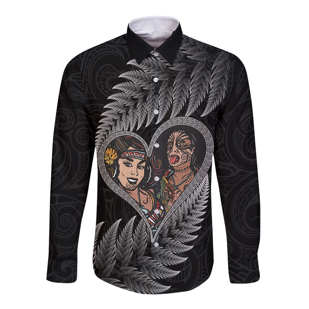 New Zealand Valentine Day Long Sleeve Button Shirt Aotearoa Warrior and Woman Love Heart Maori Pattern LT03 Unisex Black - Polynesian Pride