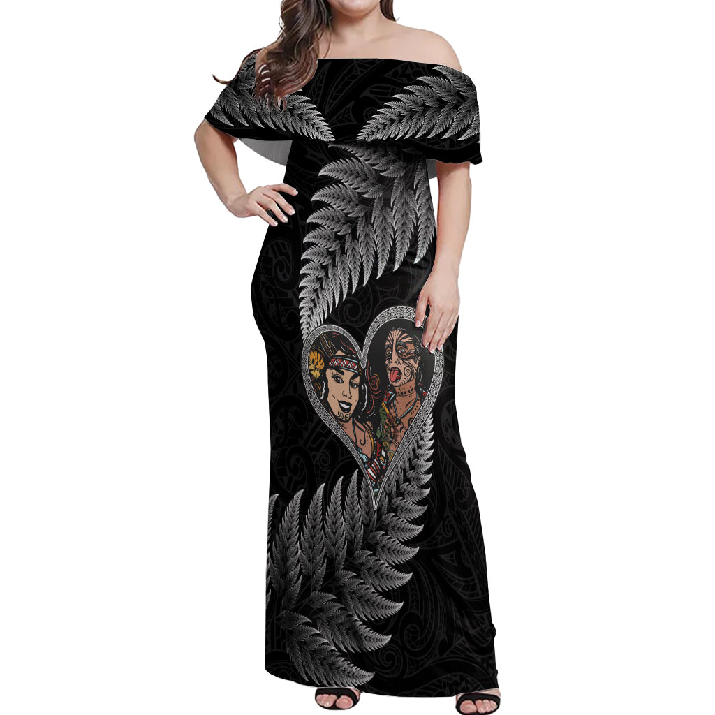 New Zealand Valentine Day Off Shoulder Maxi Dress Aotearoa Warrior and Woman Love Heart Maori Pattern LT03 Women Black - Polynesian Pride