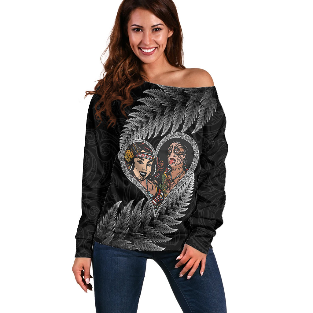 New Zealand Valentine Day Off Shoulder Sweater Aotearoa Warrior and Woman Love Heart Maori Pattern LT03 Women Black - Polynesian Pride