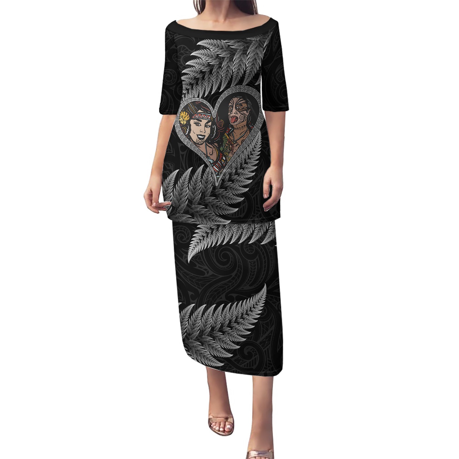 New Zealand Valentine Day Puletasi Aotearoa Warrior and Woman Love Heart Maori Pattern LT03 Long Dress Black - Polynesian Pride