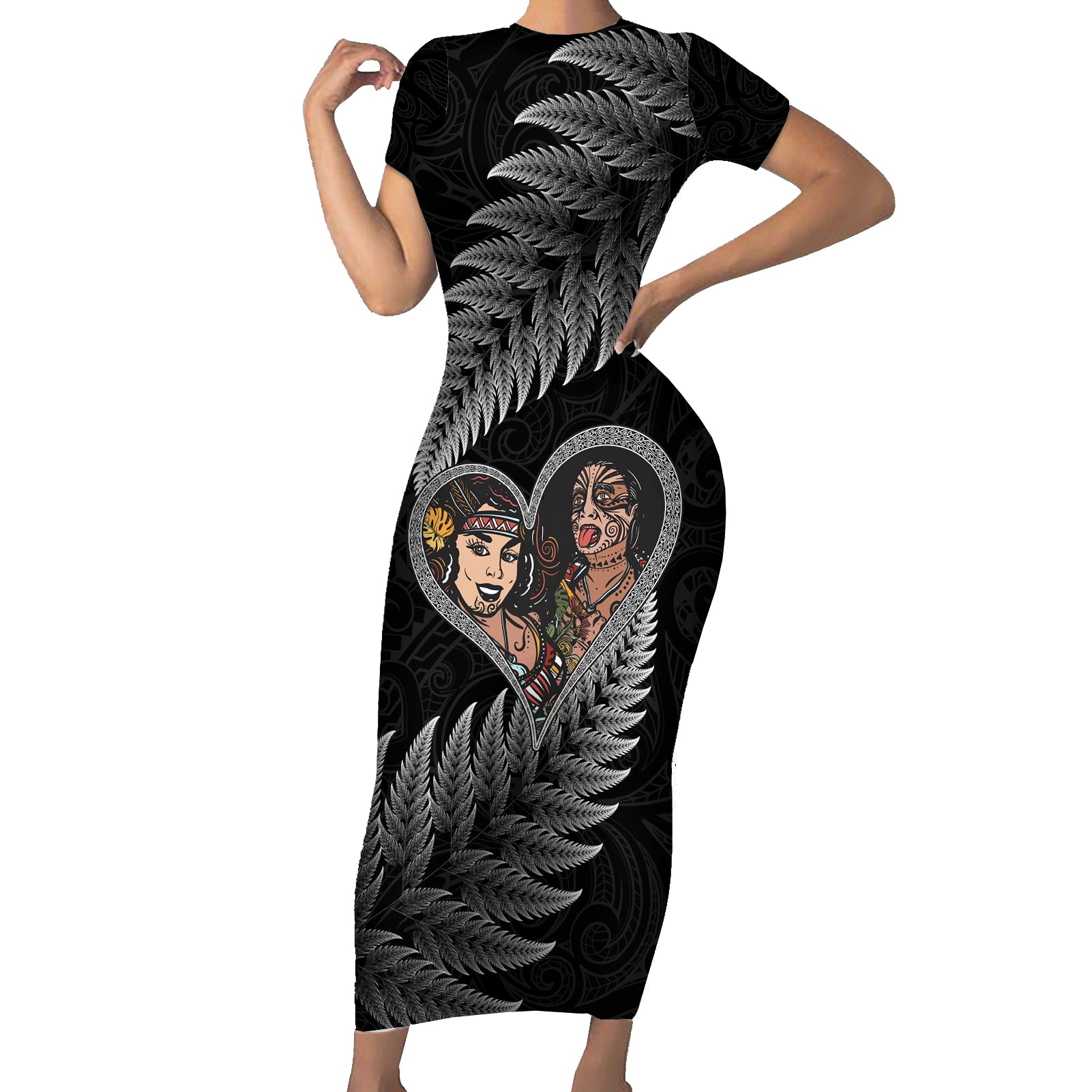 New Zealand Valentine Day Short Sleeve Bodycon Dress Aotearoa Warrior and Woman Love Heart Maori Pattern LT03 Long Dress Black - Polynesian Pride