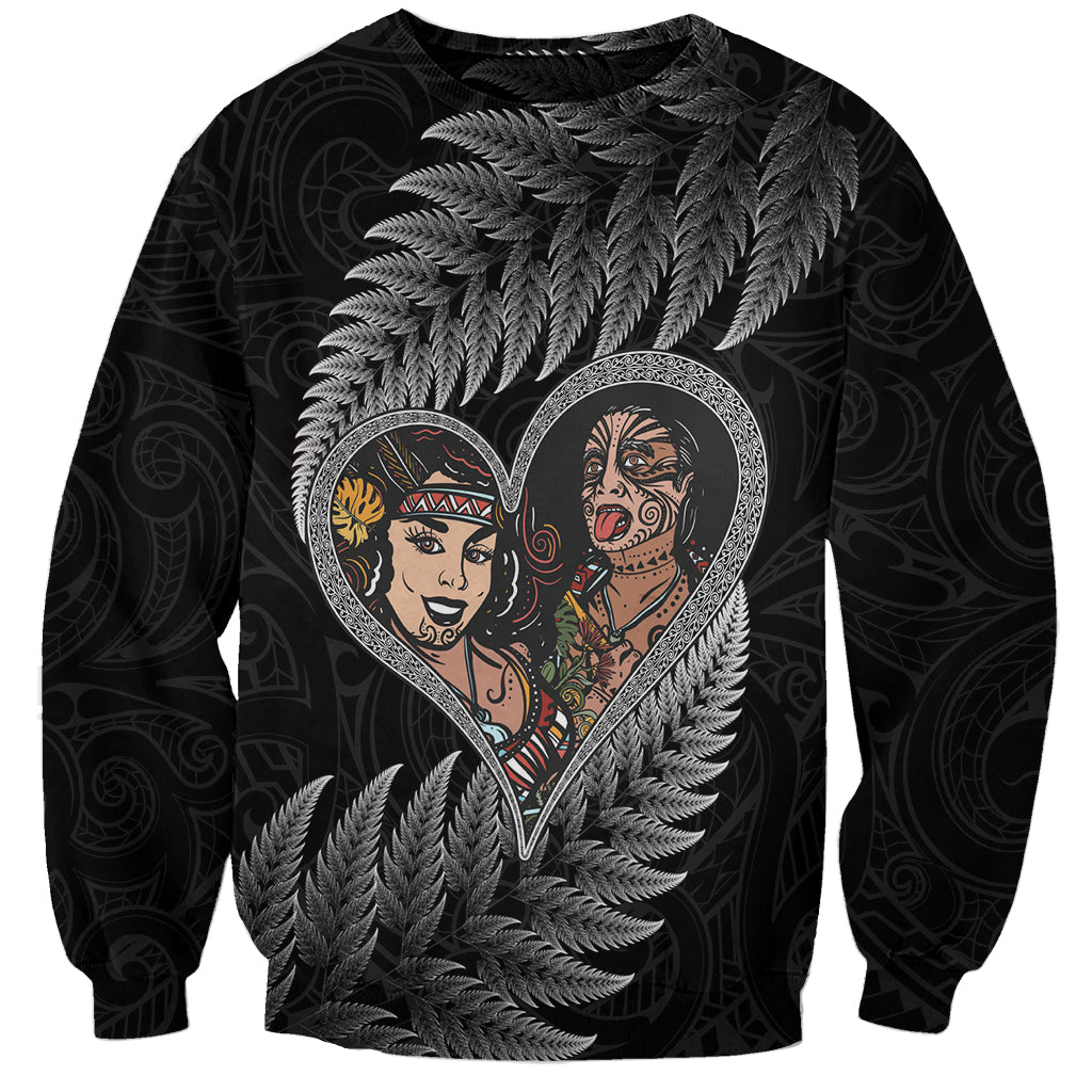 New Zealand Valentine Day Sweatshirt Aotearoa Warrior and Woman Love Heart Maori Pattern LT03 Unisex Black - Polynesian Pride