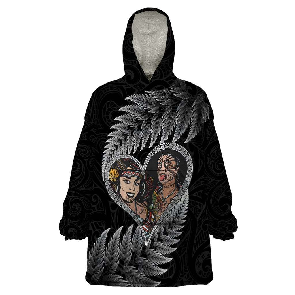 New Zealand Valentine Day Wearable Blanket Hoodie Aotearoa Warrior and Woman Love Heart Maori Pattern LT03 One Size Black - Polynesian Pride