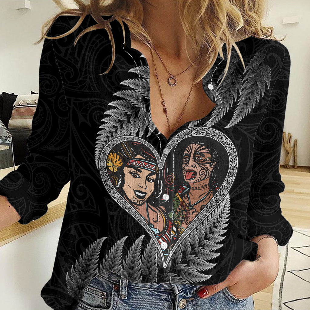 New Zealand Valentine Day Women Casual Shirt Aotearoa Warrior and Woman Love Heart Maori Pattern LT03 Female Black - Polynesian Pride