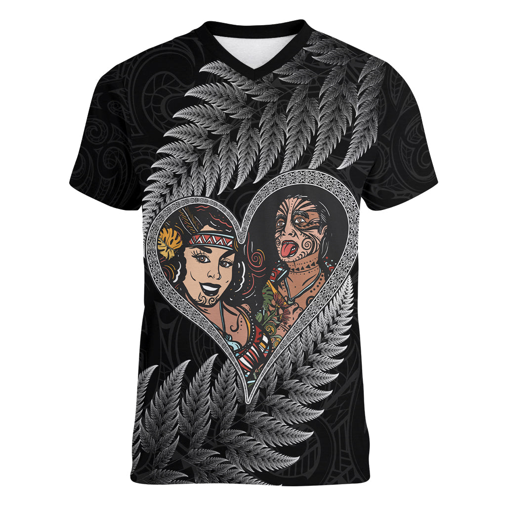 New Zealand Valentine Day Women V Neck T Shirt Aotearoa Warrior and Woman Love Heart Maori Pattern LT03 Female Black - Polynesian Pride