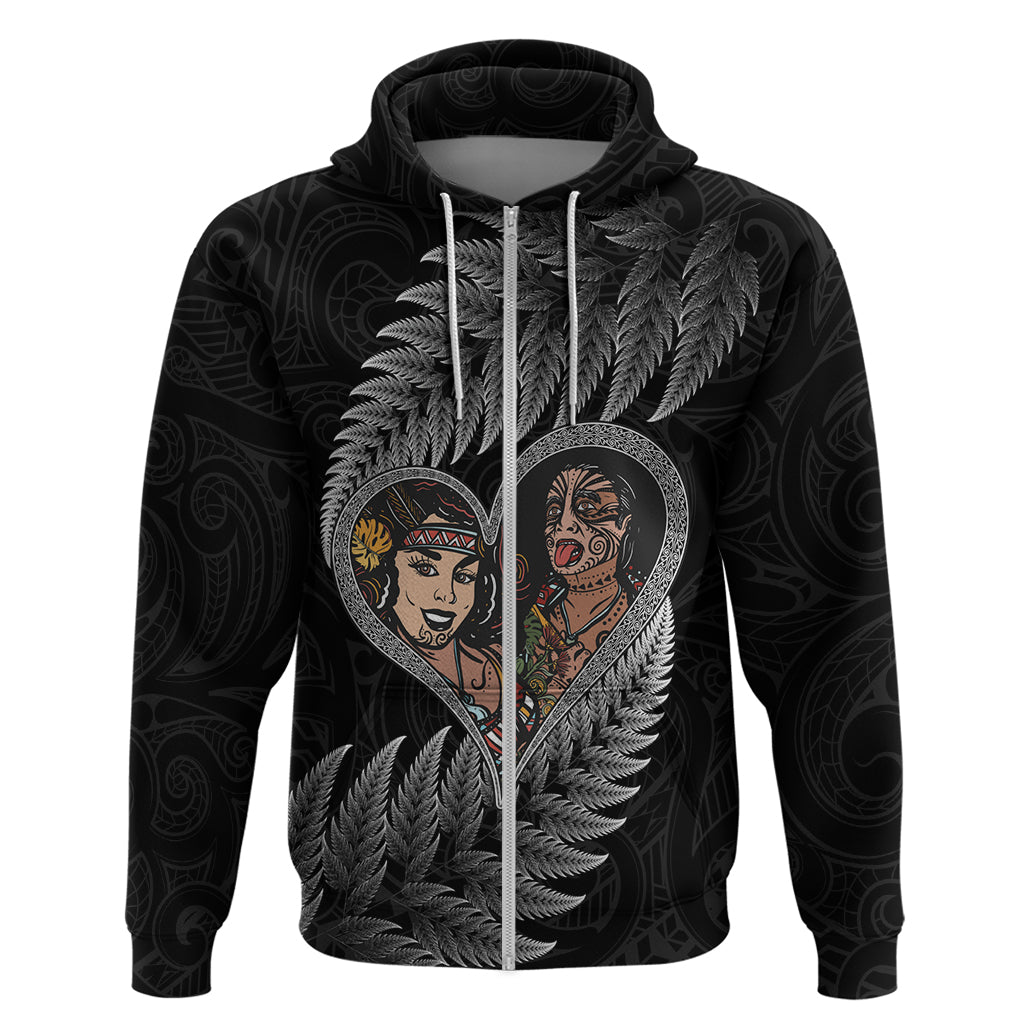 New Zealand Valentine Day Zip Hoodie Aotearoa Warrior and Woman Love Heart Maori Pattern LT03 Zip Hoodie Black - Polynesian Pride