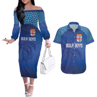 Custom Fiji Football-Towards World Cup 2026 Couples Matching Off The Shoulder Long Sleeve Dress and Hawaiian Shirt