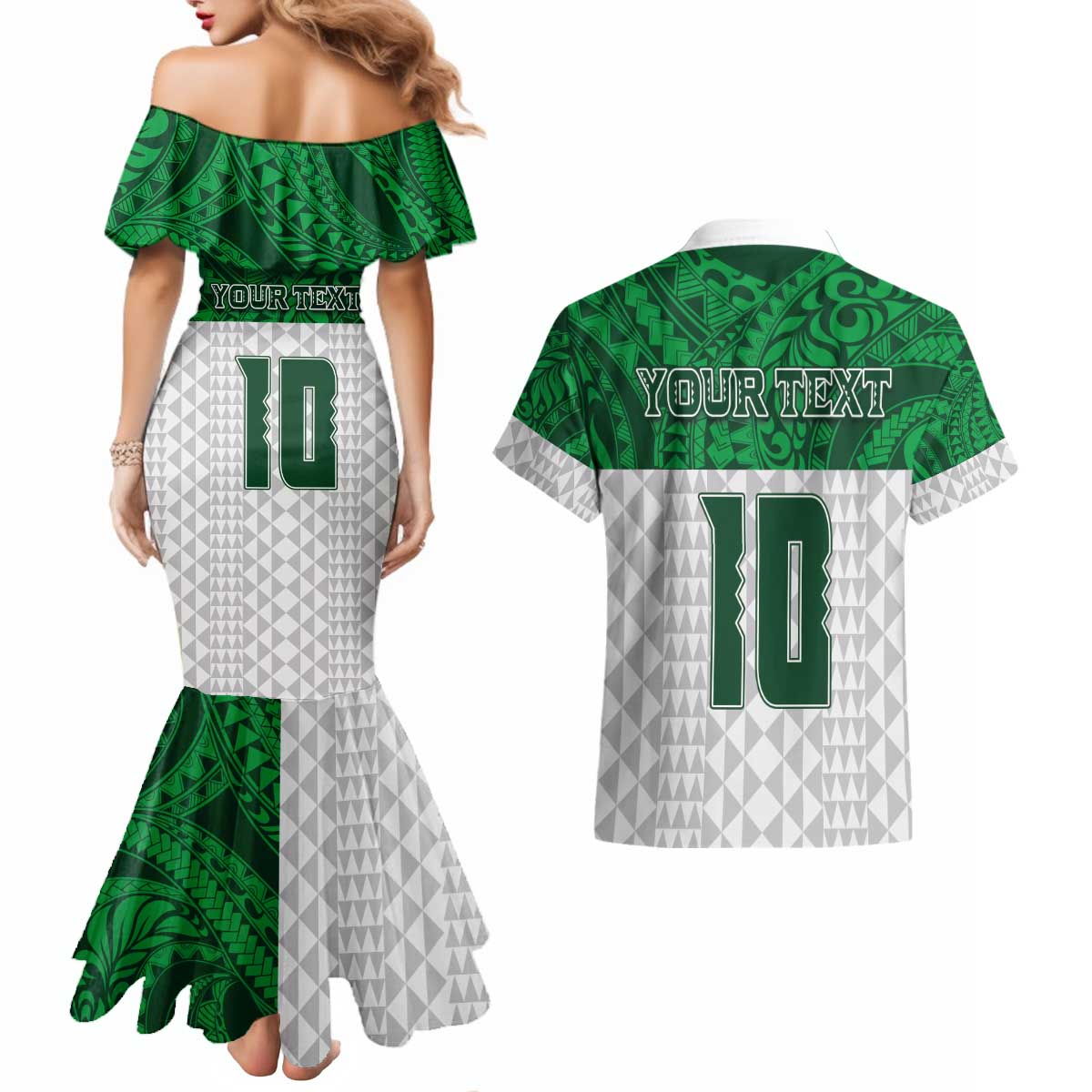 Custom Hawaii Volleyball-Kakau Motif Green Color Couples Matching Mermaid Dress and Hawaiian Shirt