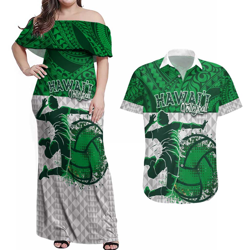 Custom Hawaii Volleyball-Kakau Motif Green Color Couples Matching Off Shoulder Maxi Dress and Hawaiian Shirt