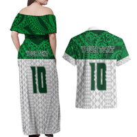 Custom Hawaii Volleyball-Kakau Motif Green Color Couples Matching Off Shoulder Maxi Dress and Hawaiian Shirt