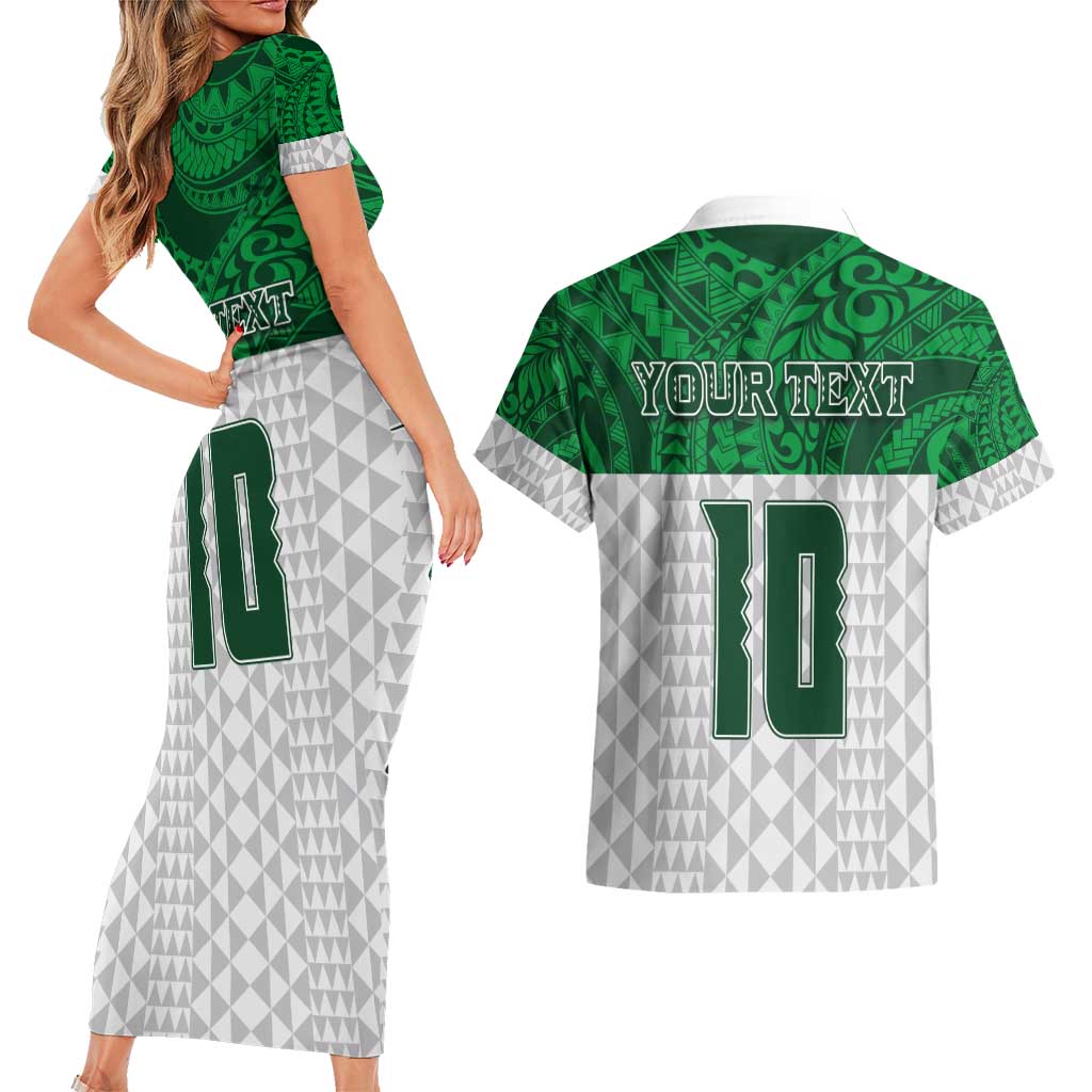 Custom Hawaii Volleyball-Kakau Motif Green Color Couples Matching Short Sleeve Bodycon Dress and Hawaiian Shirt