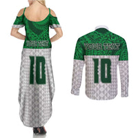 Custom Hawaii Volleyball-Kakau Motif Green Color Couples Matching Summer Maxi Dress and Long Sleeve Button Shirt