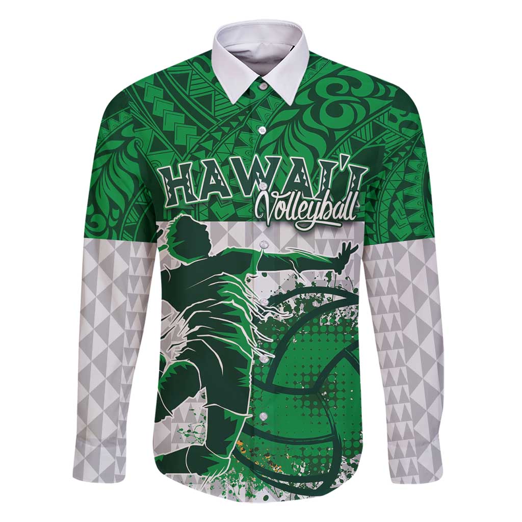 Custom Hawaii Volleyball-Kakau Motif Green Color Family Matching Long Sleeve Bodycon Dress and Hawaiian Shirt