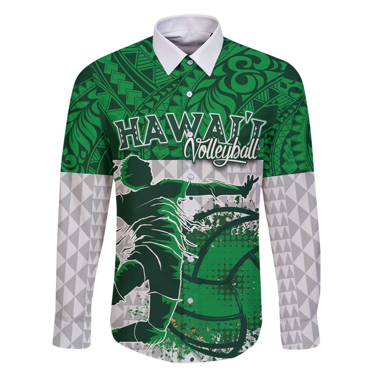 Custom Hawaii Volleyball-Kakau Motif Green Color Family Matching Off The Shoulder Long Sleeve Dress and Hawaiian Shirt