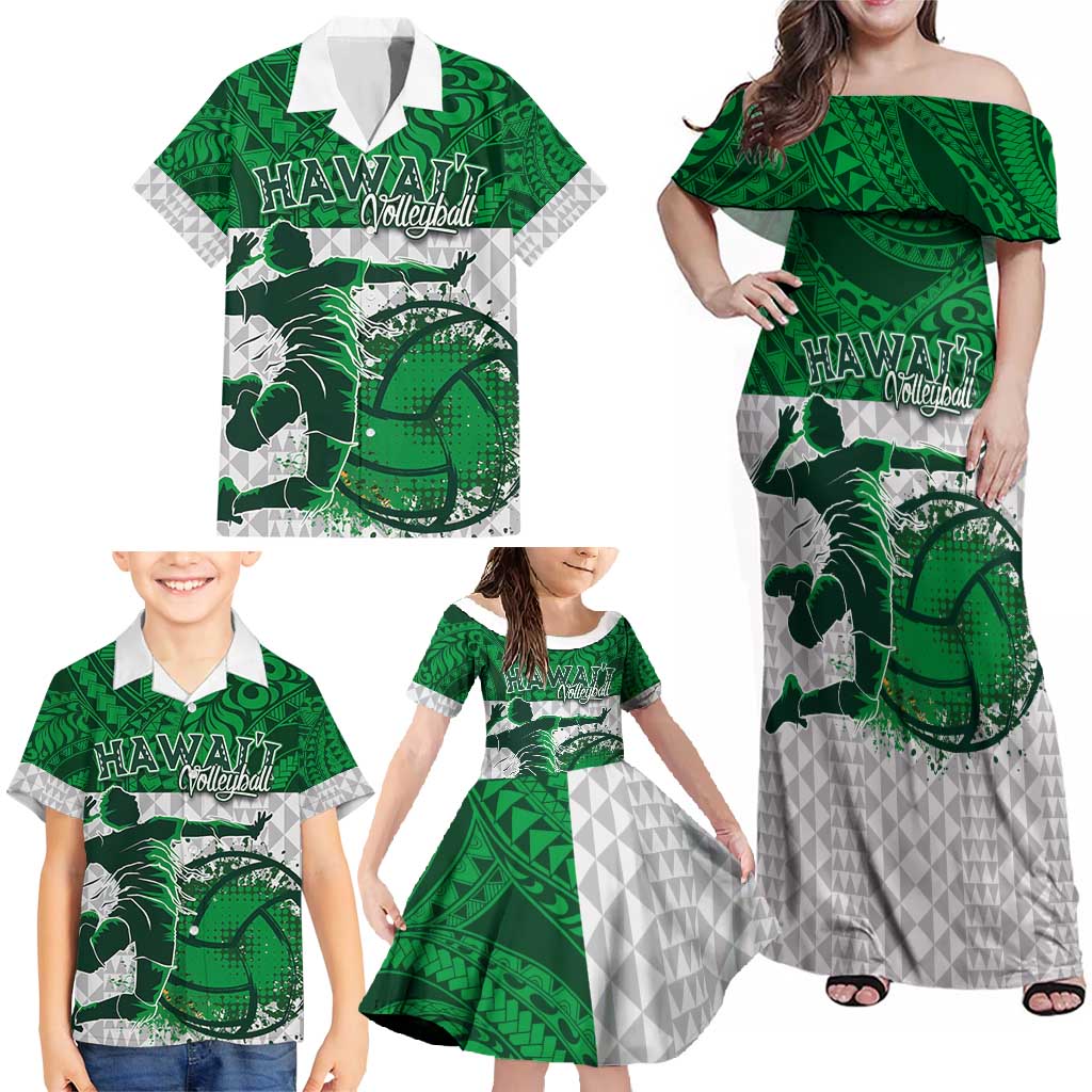 Custom Hawaii Volleyball-Kakau Motif Green Color Family Matching Off Shoulder Maxi Dress and Hawaiian Shirt