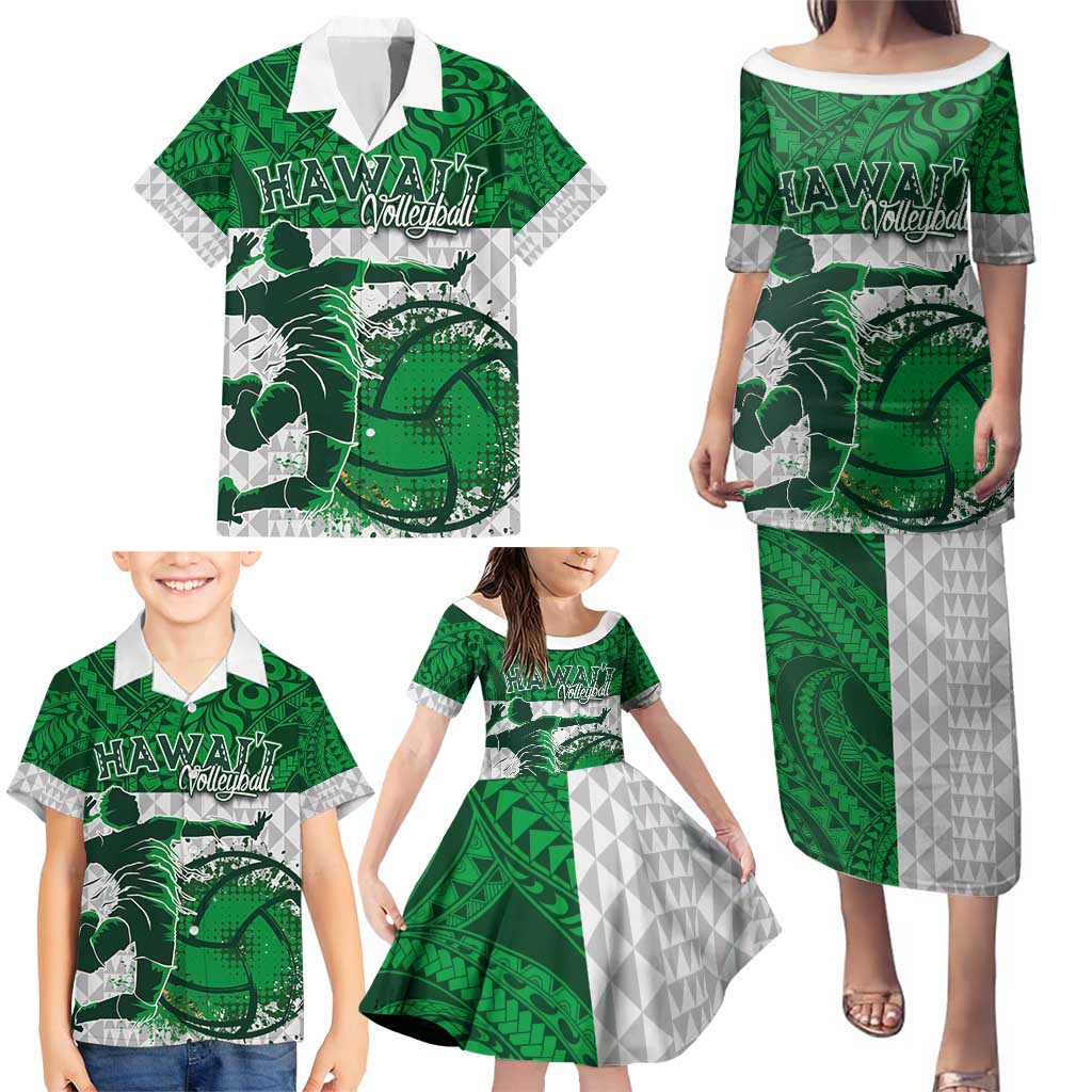 Custom Hawaii Volleyball-Kakau Motif Green Color Family Matching Puletasi and Hawaiian Shirt
