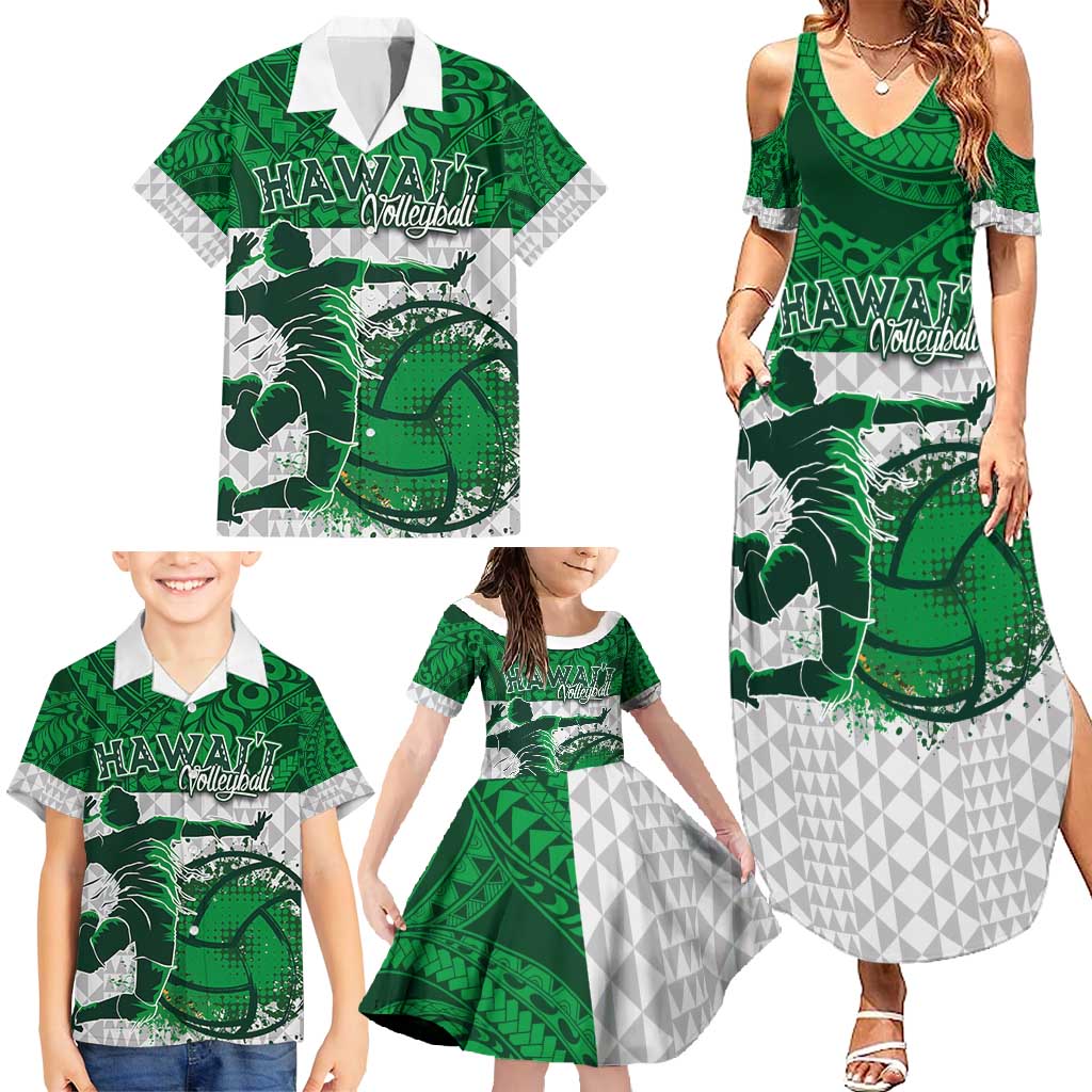 Custom Hawaii Volleyball-Kakau Motif Green Color Family Matching Summer Maxi Dress and Hawaiian Shirt