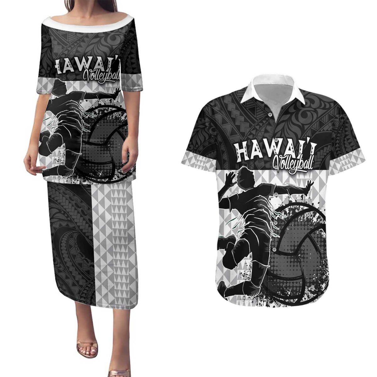 Custom Hawaii Volleyball-Kakau Motif Grayscale Color Couples Matching Puletasi and Hawaiian Shirt