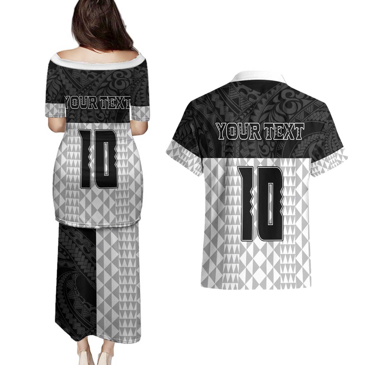 Custom Hawaii Volleyball-Kakau Motif Grayscale Color Couples Matching Puletasi and Hawaiian Shirt