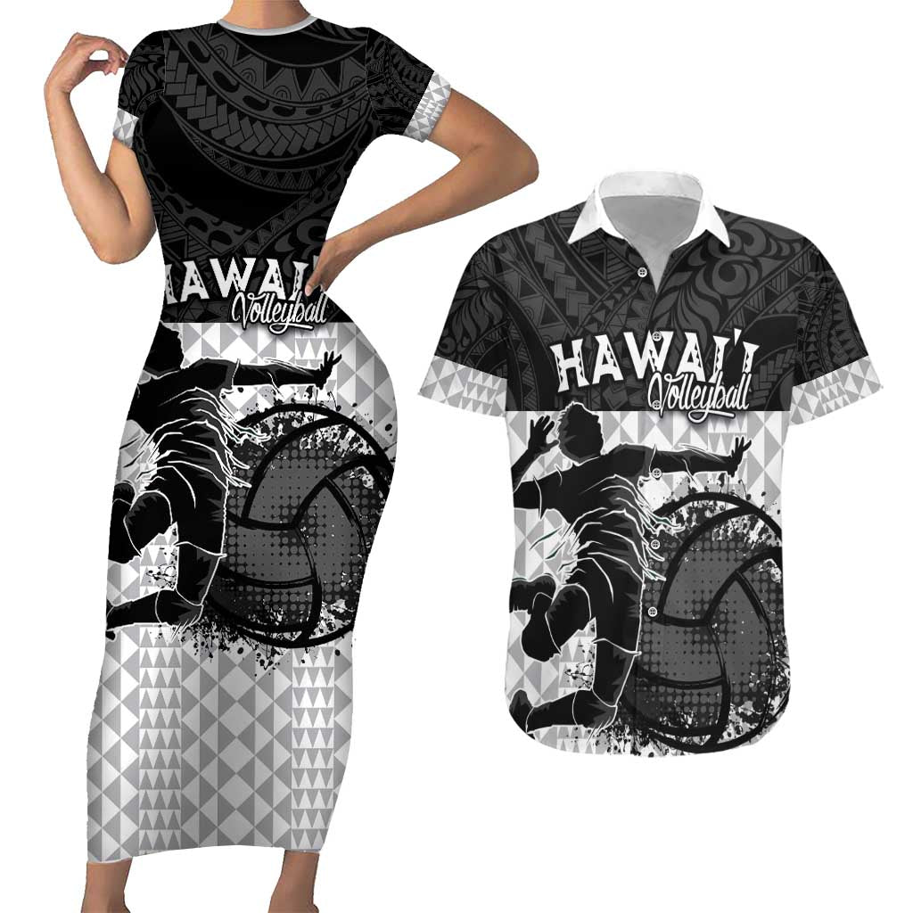 Custom Hawaii Volleyball-Kakau Motif Grayscale Color Couples Matching Short Sleeve Bodycon Dress and Hawaiian Shirt
