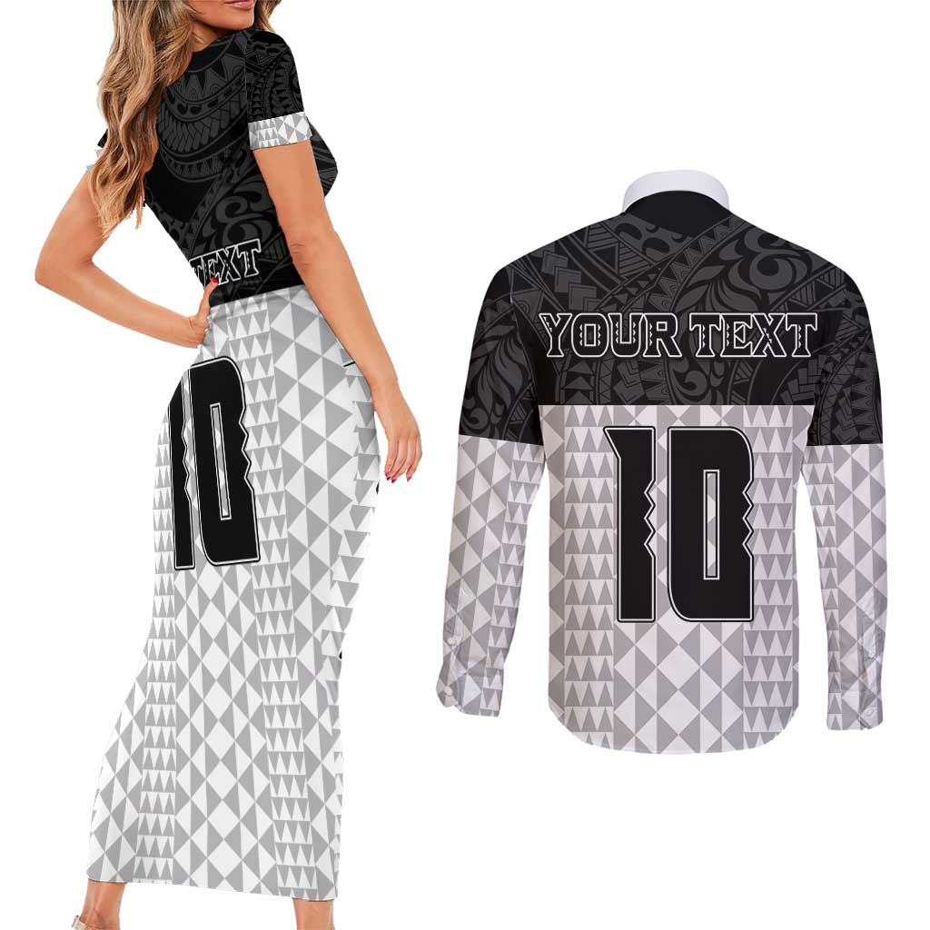 Custom Hawaii Volleyball-Kakau Motif Grayscale Color Couples Matching Short Sleeve Bodycon Dress and Long Sleeve Button Shirt