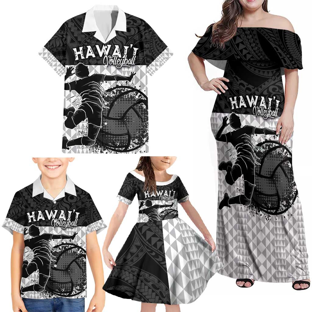 Custom Hawaii Volleyball-Kakau Motif Grayscale Color Family Matching Off Shoulder Maxi Dress and Hawaiian Shirt