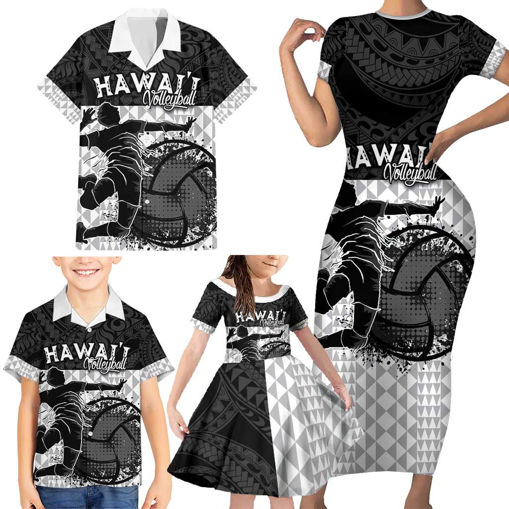 Custom Hawaii Volleyball-Kakau Motif Grayscale Color Family Matching Short Sleeve Bodycon Dress and Hawaiian Shirt