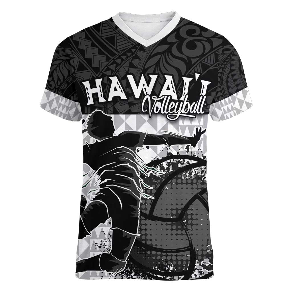 Custom Hawaii Volleyball-Kakau Motif Grayscale Color Women V-Neck T-Shirt