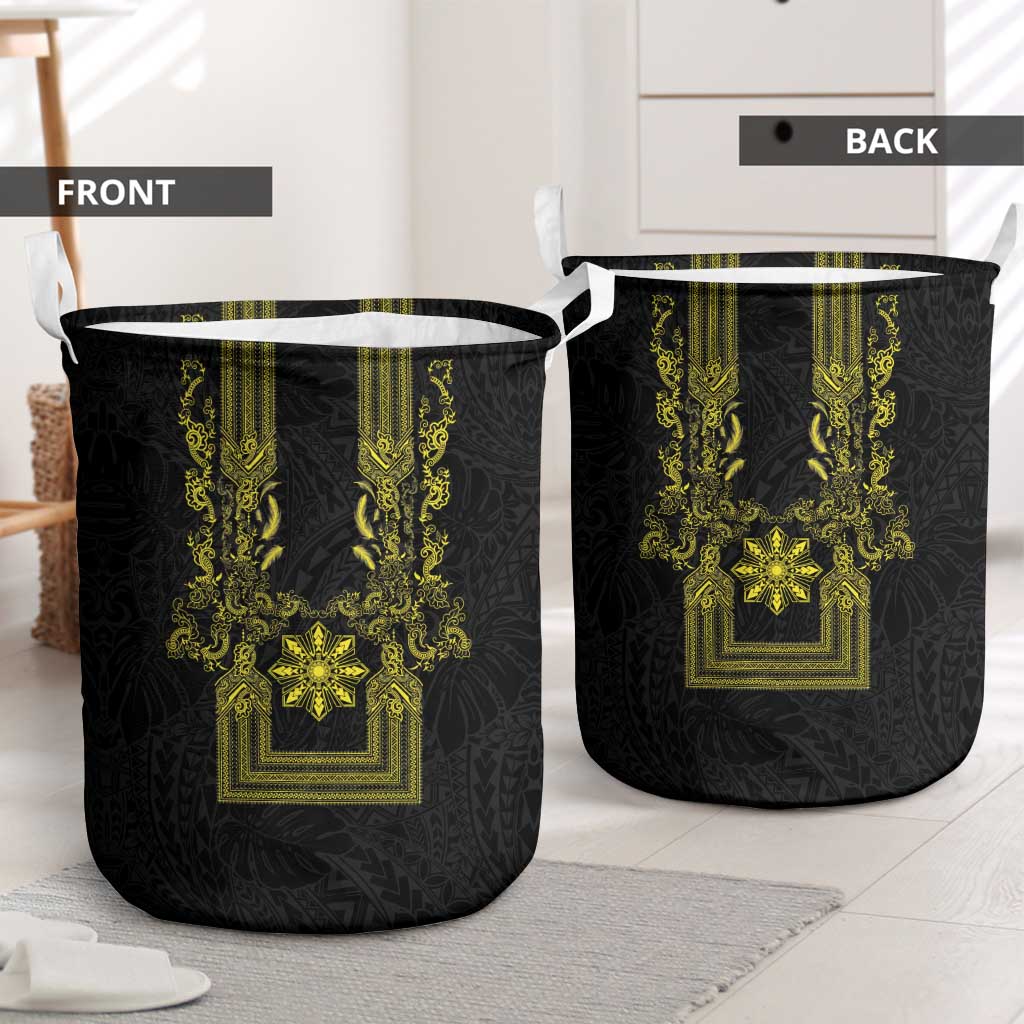Philippines Barong Style Laundry Basket with Polynesian Art and Leaf Motif Black-Gold Color LT03 - Polynesian Pride
