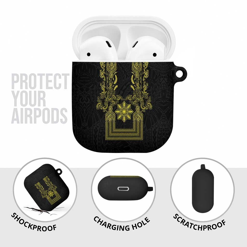 Philippines Barong Style AirPods Case with Polynesian Art and Leaf Motif Black-Gold Color LT03 - Polynesian Pride