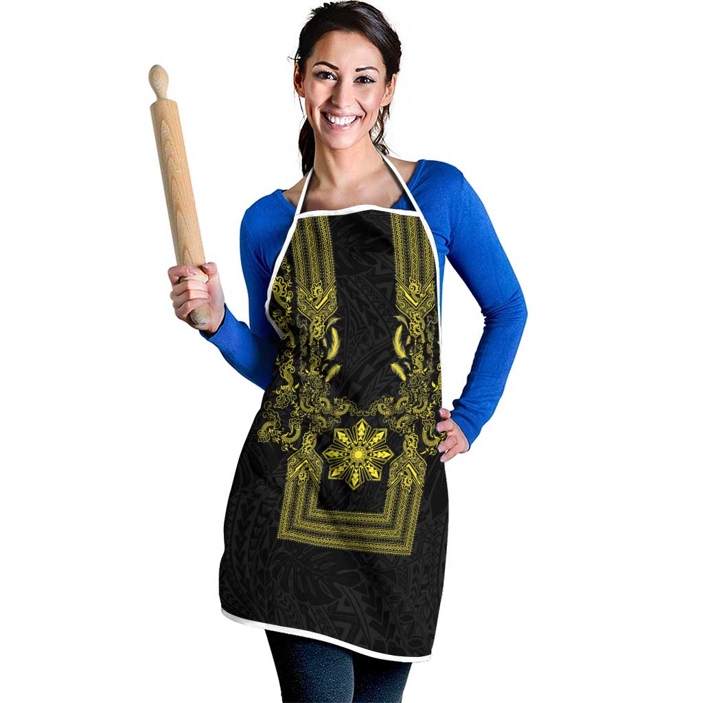 Philippines Barong Style Apron with Polynesian Art and Leaf Motif Black-Gold Color LT03 - Polynesian Pride