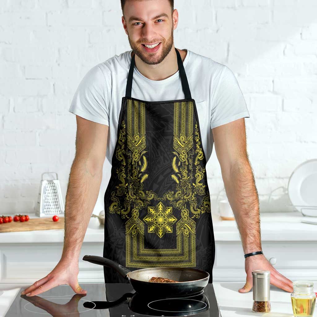 Philippines Barong Style Apron with Polynesian Art and Leaf Motif Black-Gold Color LT03 - Polynesian Pride
