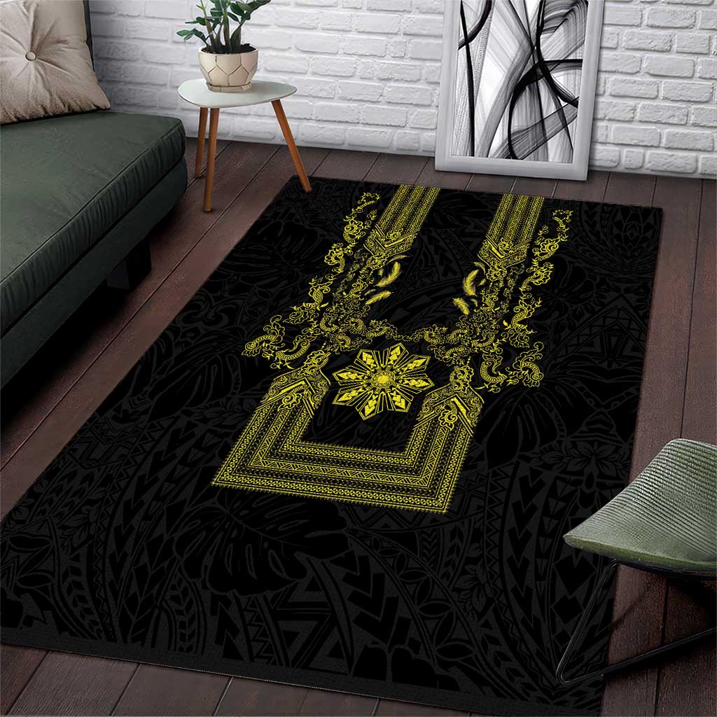 Philippines Barong Style Area Rug with Polynesian Art and Leaf Motif Black-Gold Color LT03 Black - Polynesian Pride