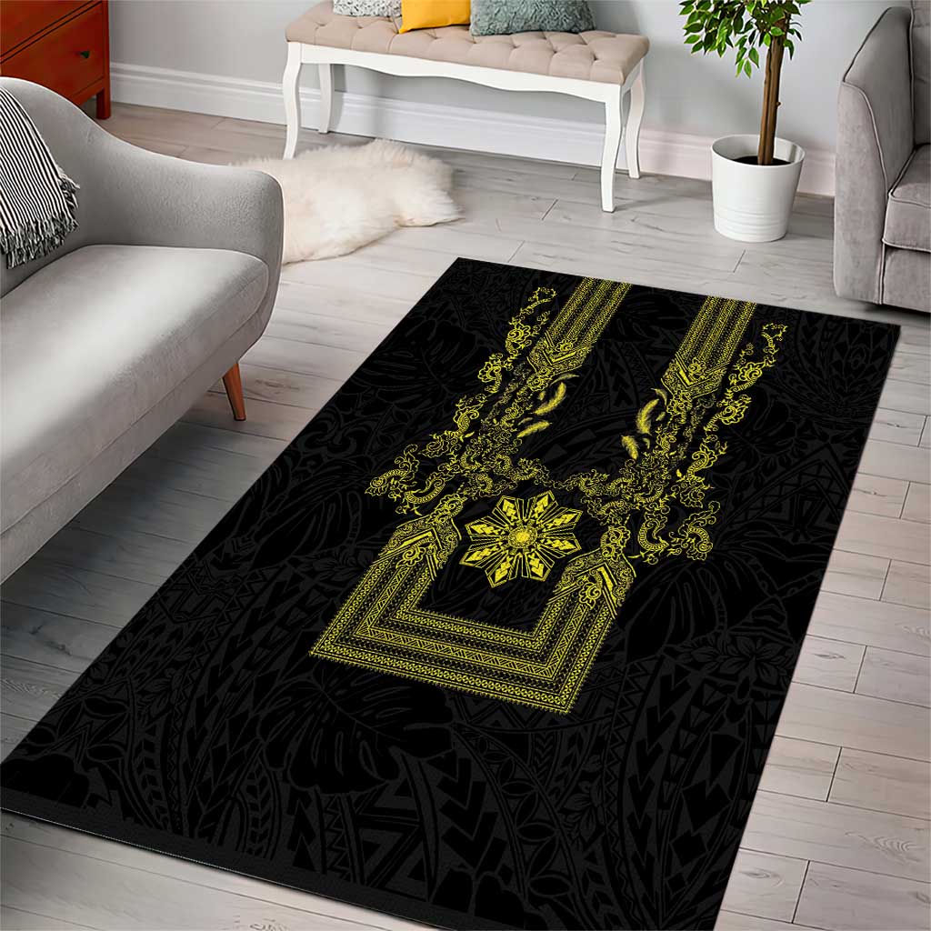 Philippines Barong Style Area Rug with Polynesian Art and Leaf Motif Black-Gold Color LT03 - Polynesian Pride