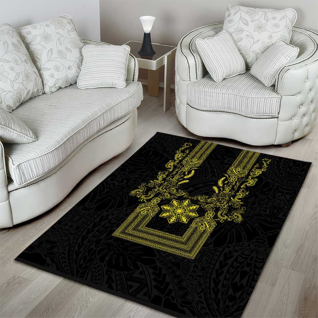 Philippines Barong Style Area Rug with Polynesian Art and Leaf Motif Black-Gold Color LT03 - Polynesian Pride