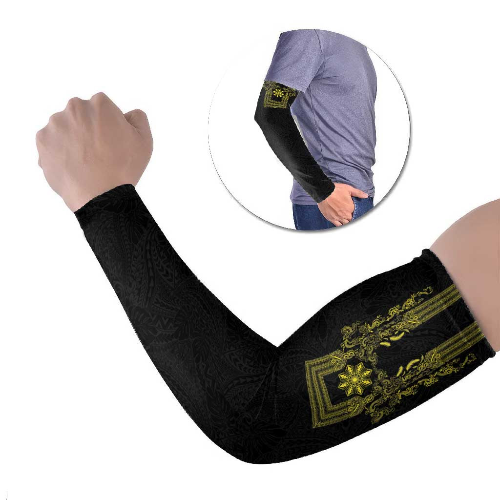 Philippines Barong Style Arm Sleeves with Polynesian Art and Leaf Motif Black-Gold Color LT03 Set of 2 Black - Polynesian Pride