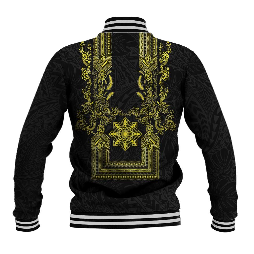 Philippines Barong Style Baseball Jacket with Polynesian Art and Leaf Motif Black-Gold Color LT03 - Polynesian Pride