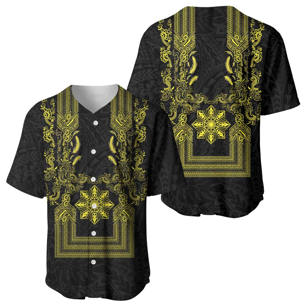 Philippines Barong Style Baseball Jersey with Polynesian Art and Leaf Motif Black-Gold Color LT03 - Polynesian Pride