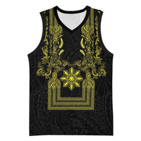 Philippines Barong Style Basketball Jersey with Polynesian Art and Leaf Motif Black-Gold Color LT03 Unisex Black - Polynesian Pride