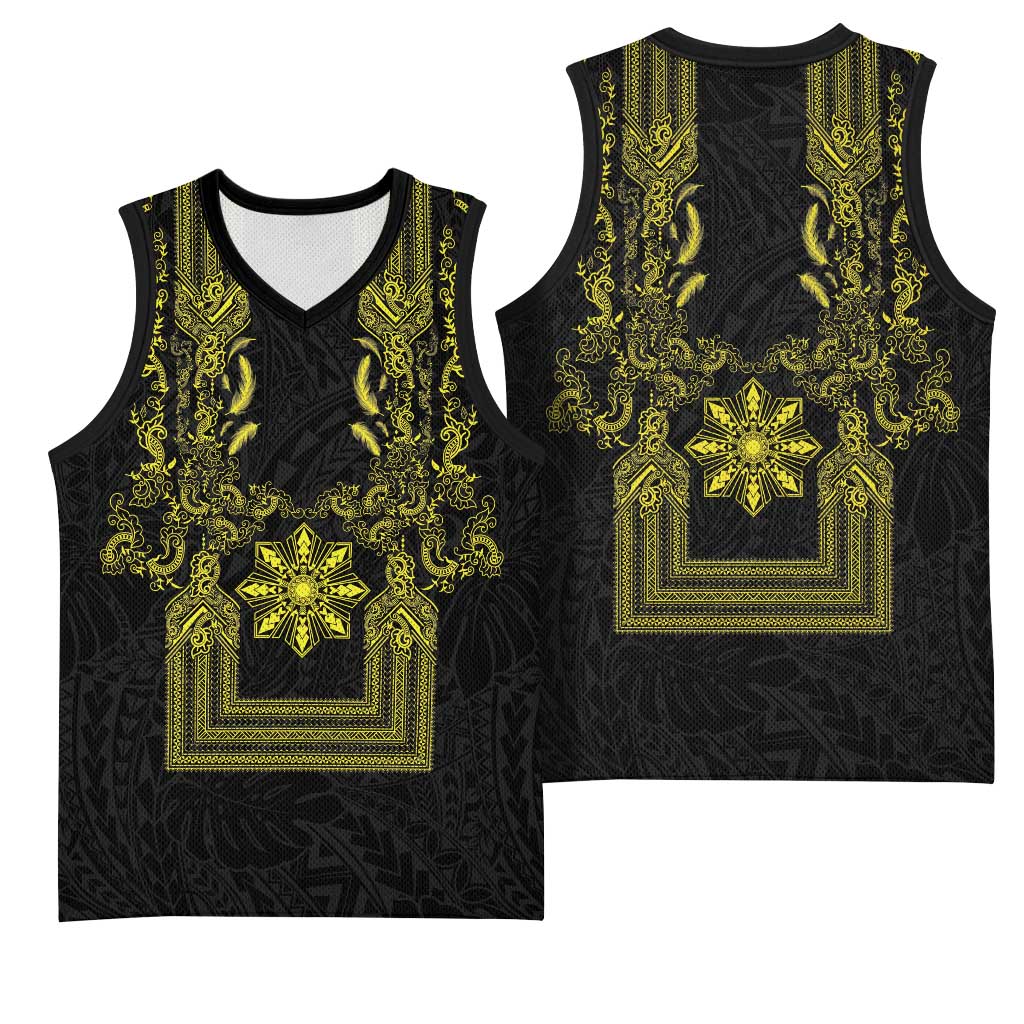 Philippines Barong Style Basketball Jersey with Polynesian Art and Leaf Motif Black-Gold Color LT03 - Polynesian Pride