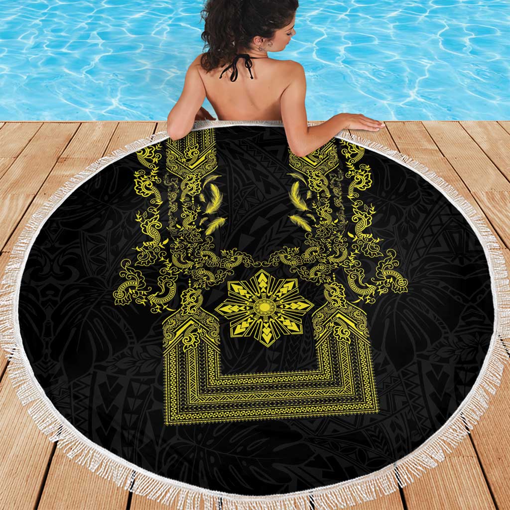 Philippines Barong Style Beach Blanket with Polynesian Art and Leaf Motif Black-Gold Color