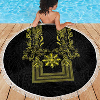 Philippines Barong Style Beach Blanket with Polynesian Art and Leaf Motif Black-Gold Color