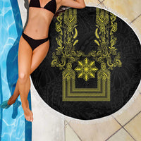 Philippines Barong Style Beach Blanket with Polynesian Art and Leaf Motif Black-Gold Color