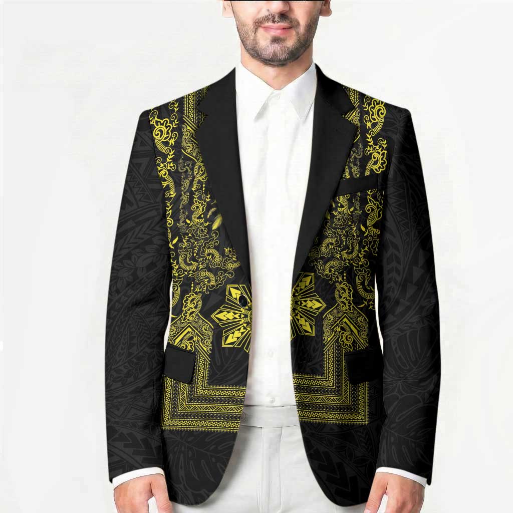 Philippines Barong Style Blazer with Polynesian Art and Leaf Motif Black-Gold Color LT03 - Polynesian Pride