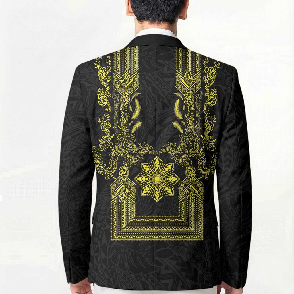 Philippines Barong Style Blazer with Polynesian Art and Leaf Motif Black-Gold Color LT03 - Polynesian Pride